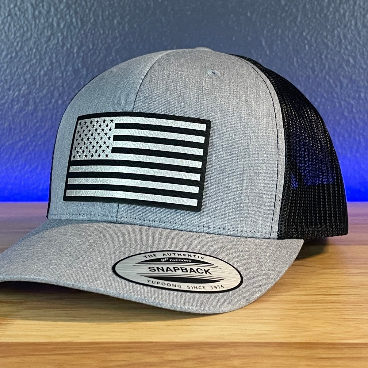 American Flag Patriotic SnapBack Trucker Leather Patch Hat (Blk/Silv) Patch Hat - VividEditions