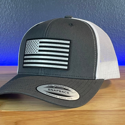 American Flag Patriotic SnapBack Trucker Rawhide Leather Patch Hat Charcoal/White (Blk/Silv) Patch Hat - VividEditions