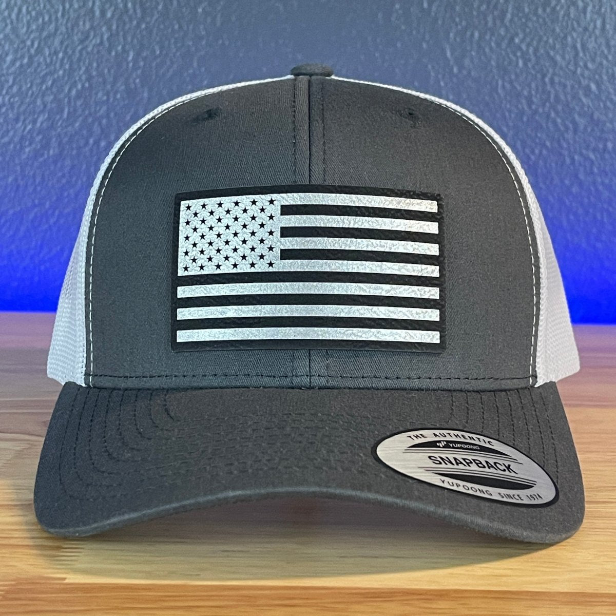 American Flag Patriotic SnapBack Trucker Rawhide Leather Patch Hat Charcoal/White (Blk/Silv) Patch Hat - VividEditions