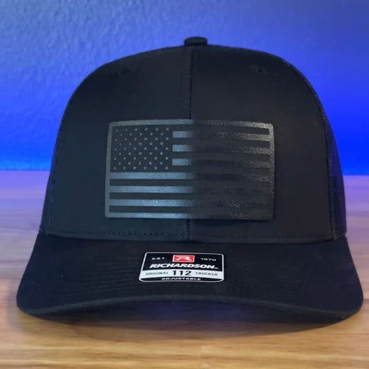 BLACK ON BLACK AMERICAN FLAG Patriotic Leather Patch Hat Black Patch Hat