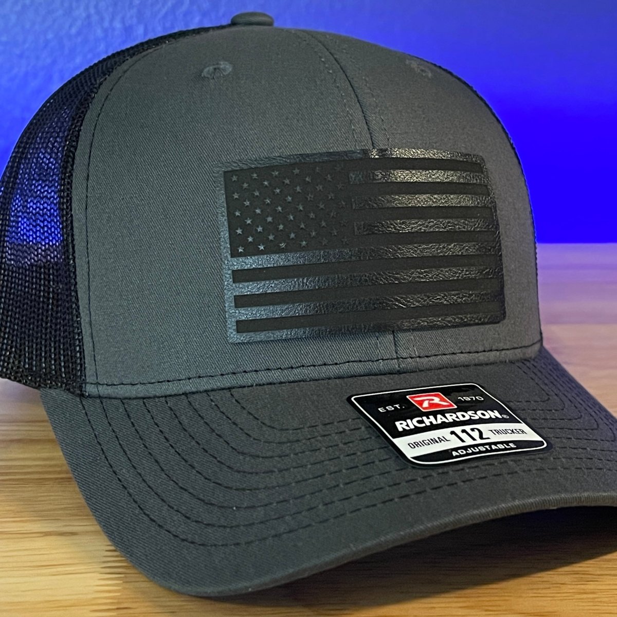 BLACKED OUT AMERICAN FLAG Patriotic Leather Patch Hat Charcoal/Black