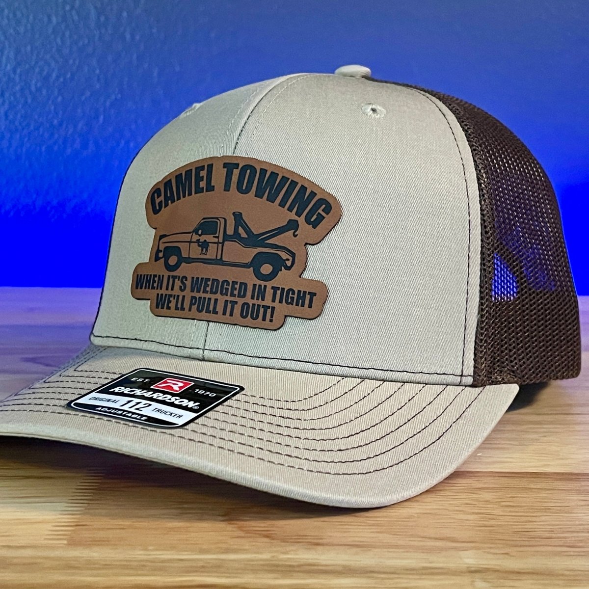 Camel Towing Funny Leather Patch Hat Khaki/Brown Patch Hat - VividEditions