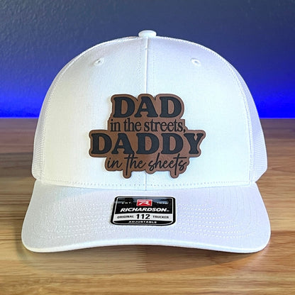 DAD IN THE STREETS DADDY IN THE SHEETS Front Leather Patch Trucker Hat White Patch Hat