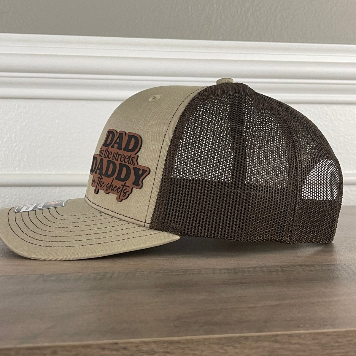 Dad In The Streets Daddy In The Sheets Funny Side Leather Patch Hat Khaki/Brown Patch Hat - VividEditions