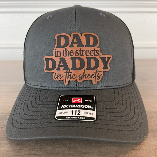 Dad in the Streets, Daddy in the Sheets Leather Patch Hat Charcoal/Black Patch Hat - VividEditions