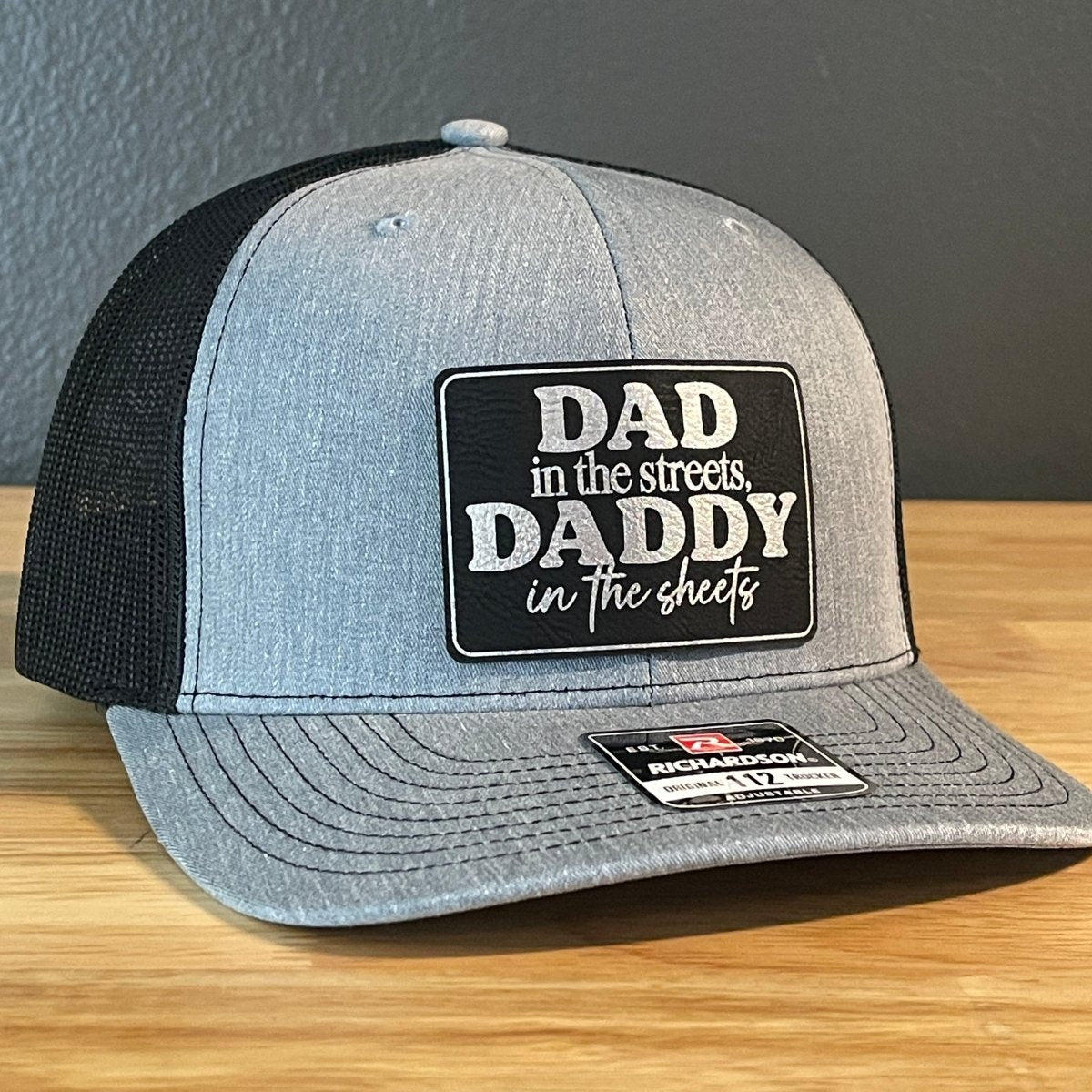 Dad in the Streets, Daddy in the Sheets Rectangular Leather Patch Hat Black/Silver Patch Hat