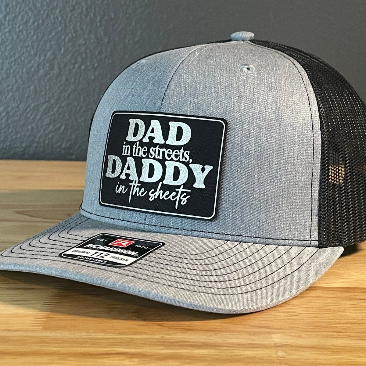 Dad in the Streets, Daddy in the Sheets Rectangular Leather Patch Hat Black/Silver Patch Hat