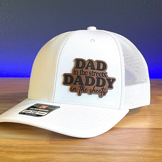 DAD IN THE STREETS DADDY IN THE SHEETS Side Leather Patch Trucker Hat White Patch Hat