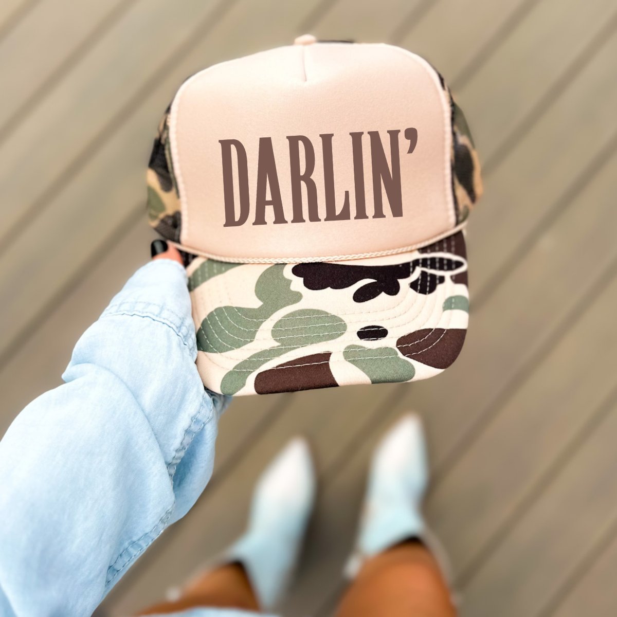 DARLIN' Country Classic Foam Trucker Hat Tan/Camo Trucker Hat