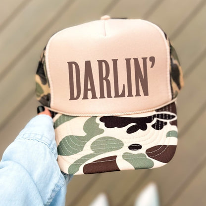 DARLIN' Country Classic Foam Trucker Hat Tan/Camo Trucker Hat