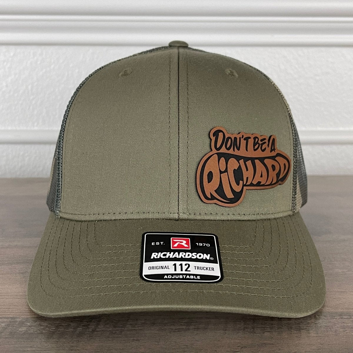 Don't Be a Richard Camo Funny Front Leather Patch Hat Green/Camo Patch Hat - VividEditions