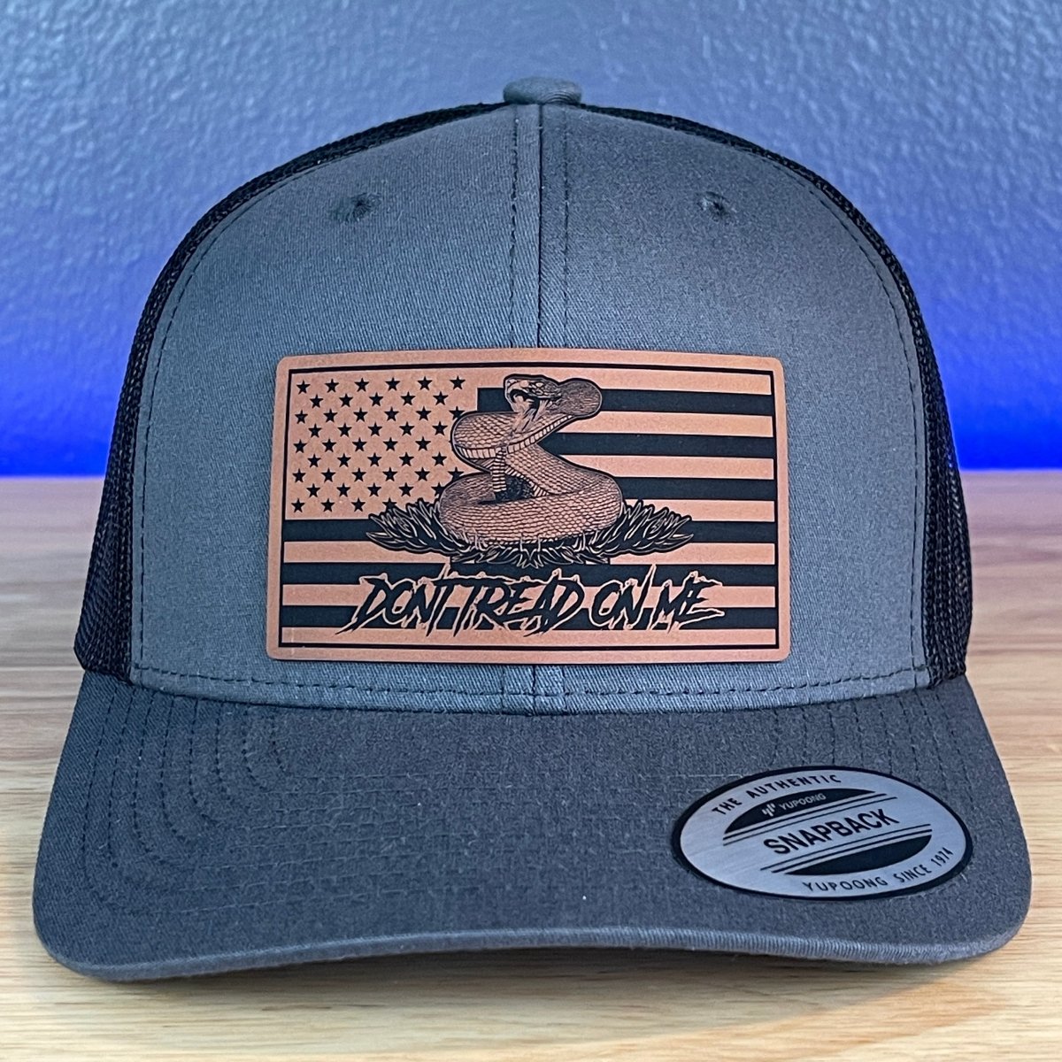 Don't Tread On Me Gadsden American Flag Patriotic 2nd Amendment SnapBack Trucker Rawhide Leather Patch Hat Charcoal Patch Hat