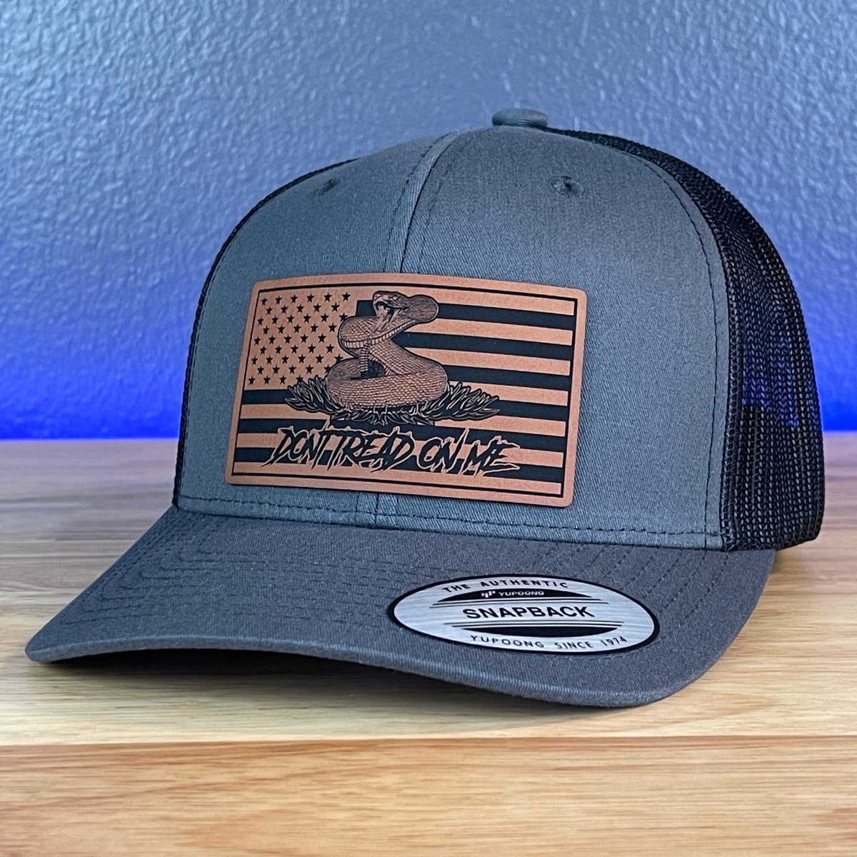 Don't Tread On Me Gadsden American Flag Patriotic 2nd Amendment SnapBack Trucker Rawhide Leather Patch Hat Charcoal Patch Hat