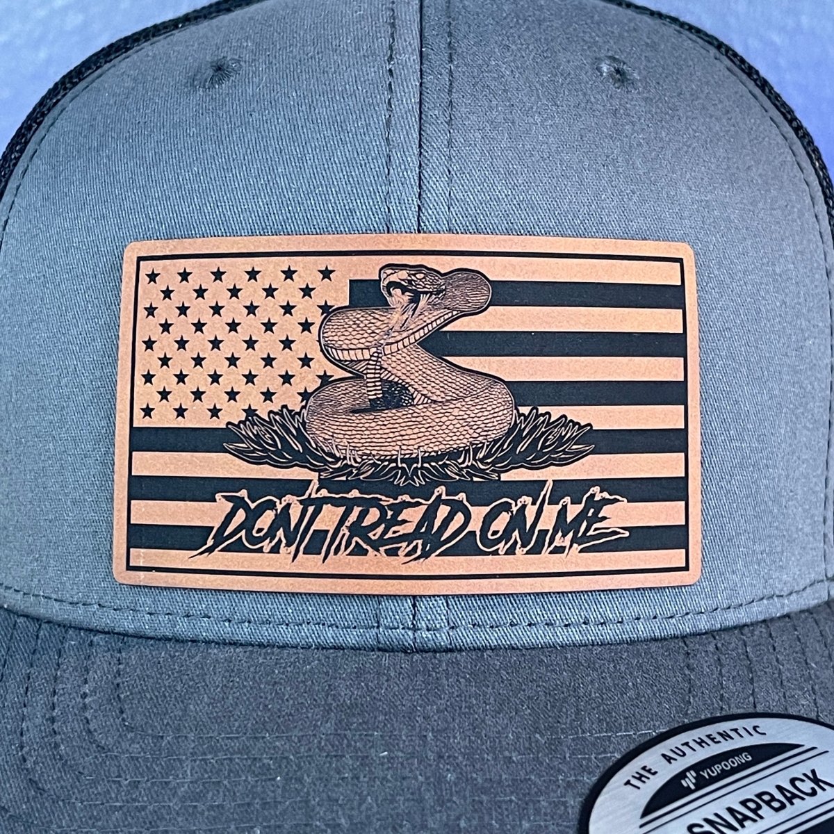 Don't Tread On Me Gadsden American Flag Patriotic 2nd Amendment SnapBack Trucker Rawhide Leather Patch Hat Charcoal Patch Hat