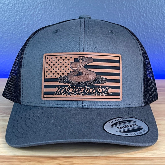 Don't Tread On Me Gadsden American Flag Patriotic 2nd Amendment SnapBack Trucker Rawhide Leather Patch Hat Charcoal Patch Hat