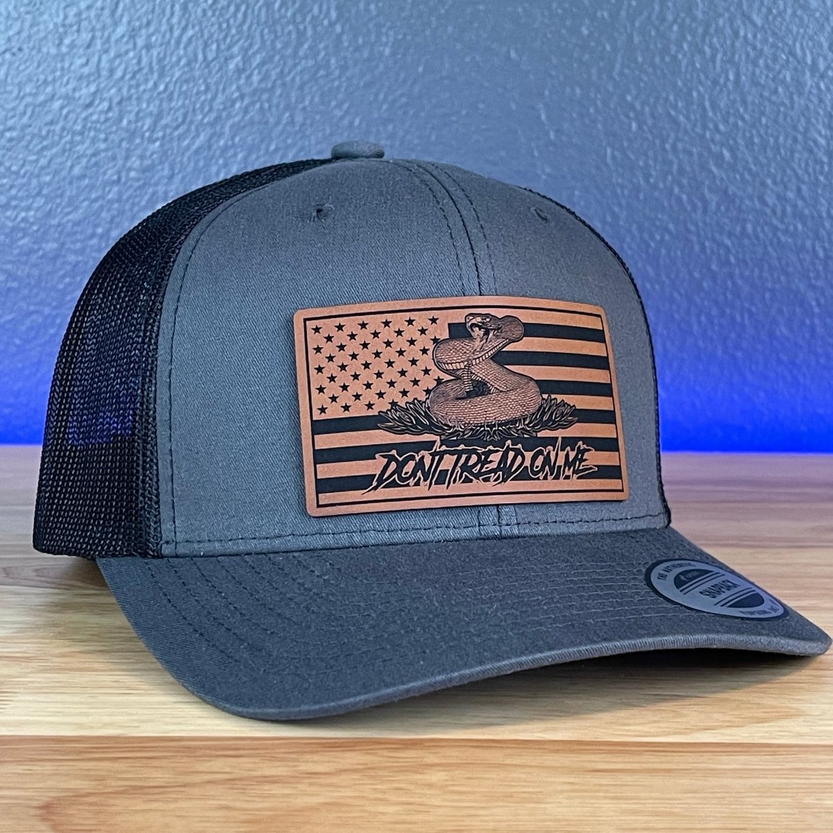 Don't Tread On Me Gadsden American Flag Patriotic 2nd Amendment SnapBack Trucker Rawhide Leather Patch Hat Charcoal Patch Hat