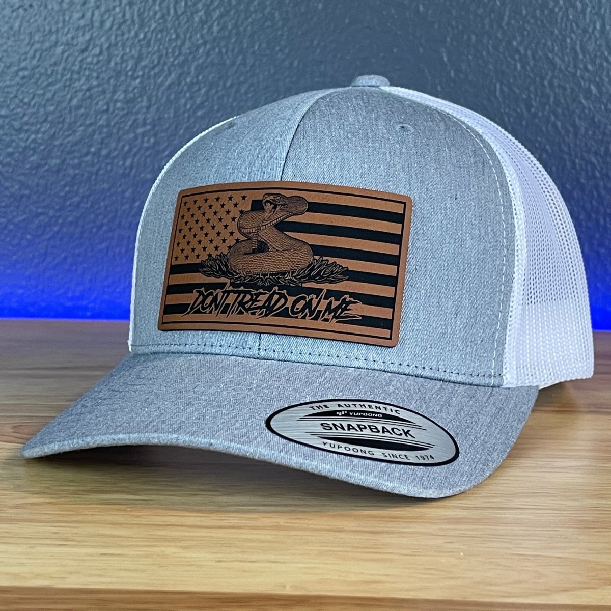 Don't Tread On Me Gadsden American Flag Patriotic Leather Patch SnapBack Trucker Hat Heather Grey/White Patch Hat