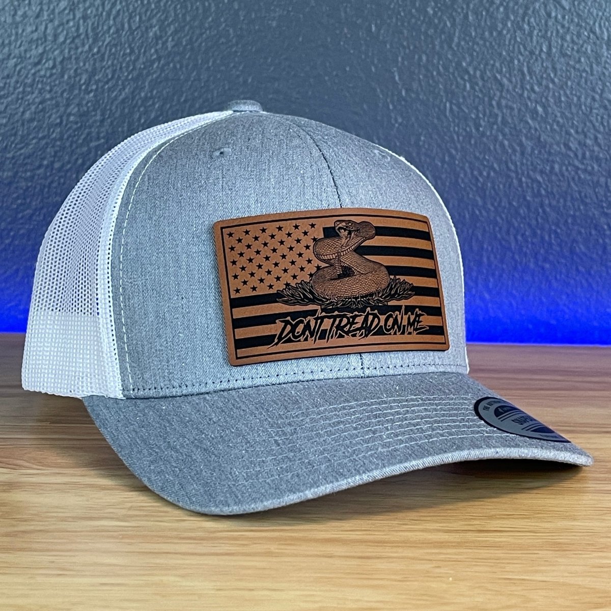 Don't Tread On Me Gadsden American Flag Patriotic Leather Patch SnapBack Trucker Hat Heather Grey/White Patch Hat