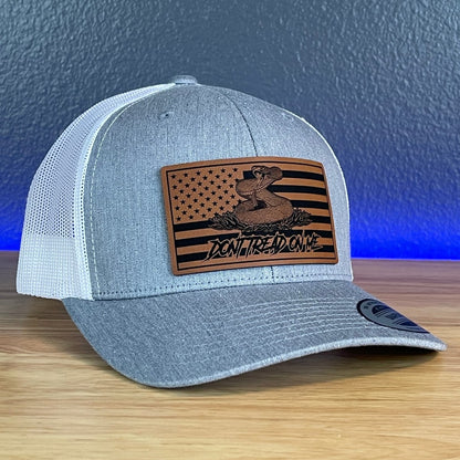 Don't Tread On Me Gadsden American Flag Patriotic Leather Patch SnapBack Trucker Hat Heather Grey/White Patch Hat