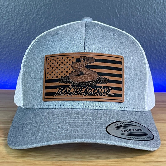 Don't Tread On Me Gadsden American Flag Patriotic Leather Patch SnapBack Trucker Hat Heather Grey/White Patch Hat