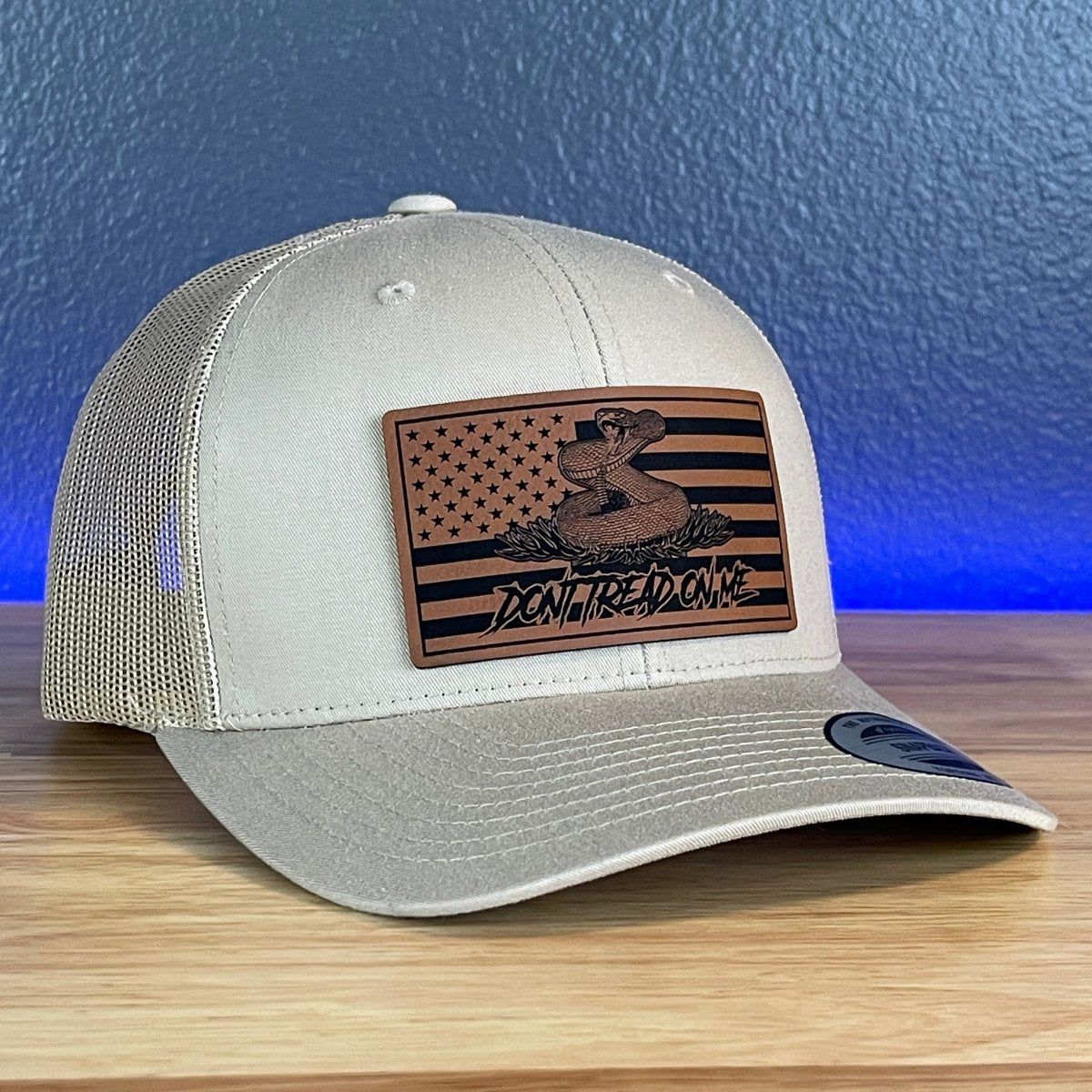 Don't Tread On Me Gadsden American Flag Patriotic SnapBack Trucker Leather Patch Hat Khaki Patch Hat