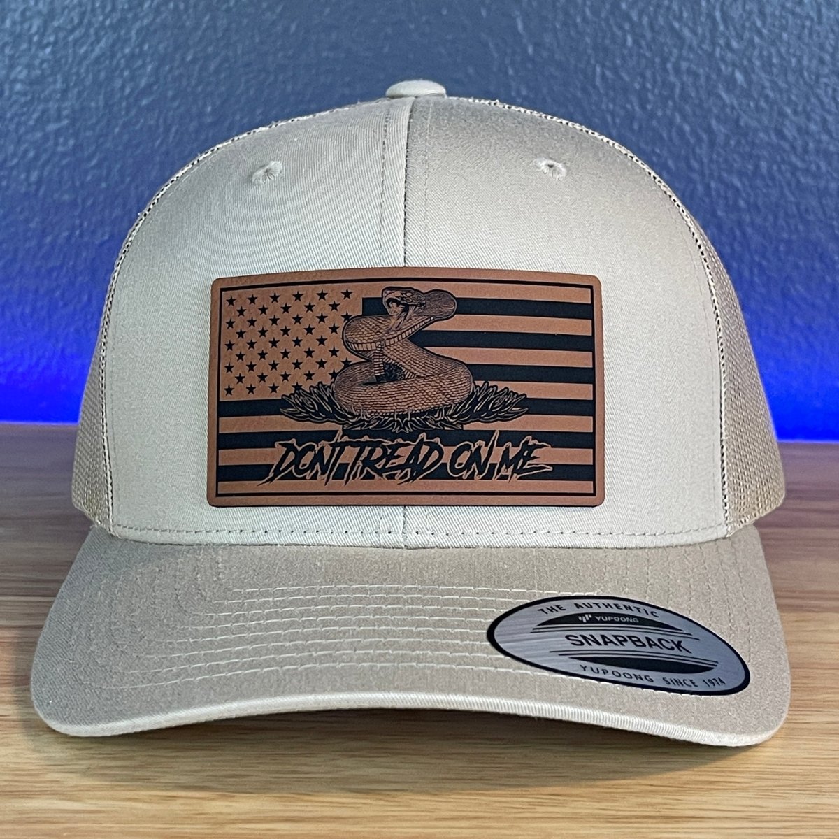 Don't Tread On Me Gadsden American Flag Patriotic SnapBack Trucker Leather Patch Hat Khaki Patch Hat