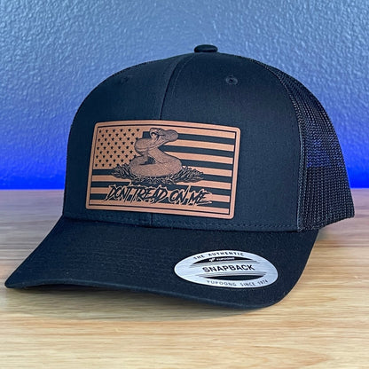 Don't Tread On Me Gadsden American Flag Patriotic SnapBack Trucker Rawhide Leather Patch Black Hat Patch Hat