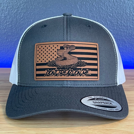 Don't Tread On Me Gadsden American Flag Patriotic SnapBack Trucker Rawhide Leather Patch Hat Charcoal/White Patch Hat