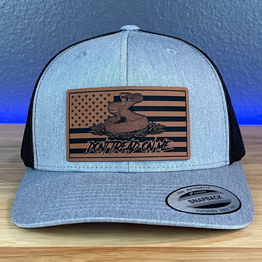 Don't Tread On Me Gadsden American Flag SnapBack Trucker Rawhide Leather Patch Hat Heather Grey/Black Patch Hat