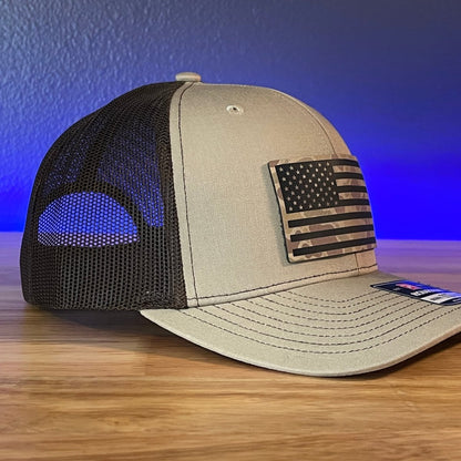 Duck Camo American Flag Patriotic Hunting Leather Patch Hat Khaki/Brown Patch Hat - VividEditions