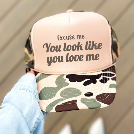 Excuse Me, You Look Like You Love Me Funny Classic Foam Trucker Hat Tan/Camo Trucker Hat