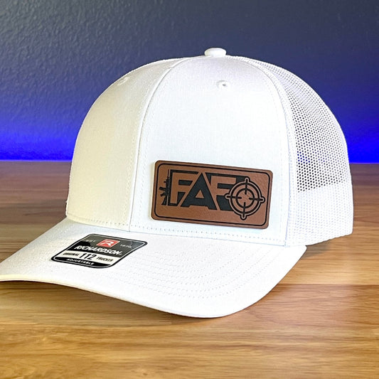 FAFO F AROUND AND FIND OUT Side Leather Patch Trucker Hat White Patch Hat