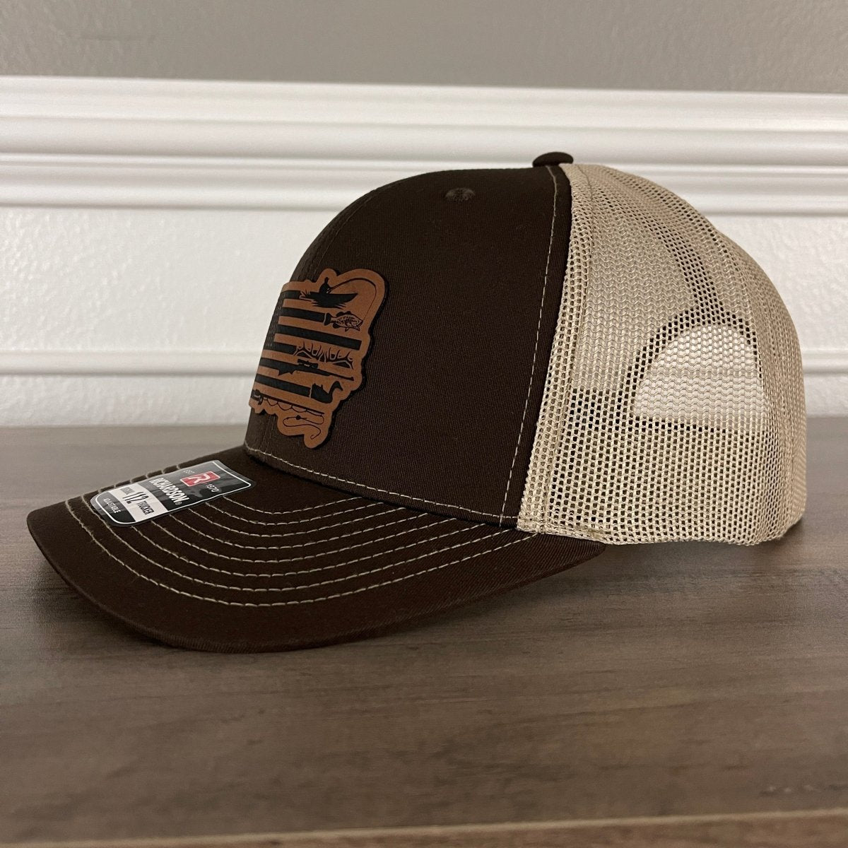 Fishing And Duck Hunting American Flag Leather Patch Hat Brown Patch Hat - VividEditions