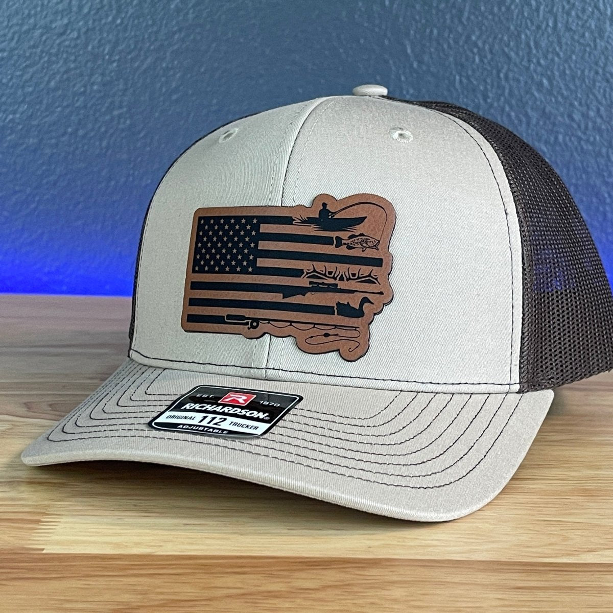 Fishing And Duck Hunting American Flag Patriotic Leather Patch Hat Khaki/Brown Patch Hat