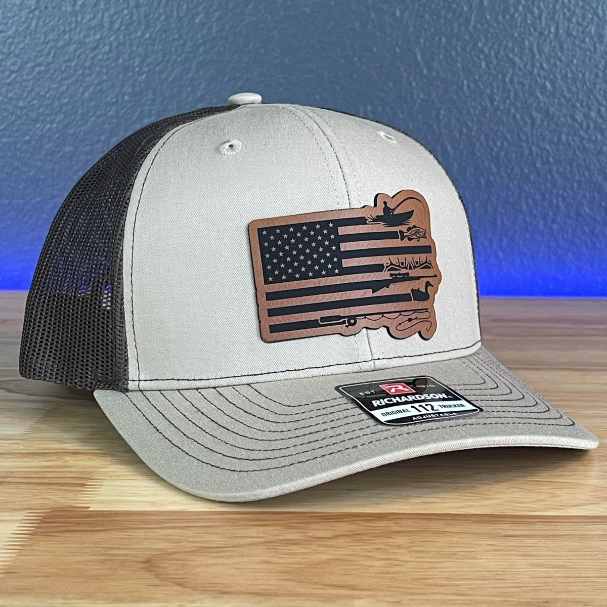 Fishing And Duck Hunting American Flag Patriotic Leather Patch Hat Khaki/Brown Patch Hat