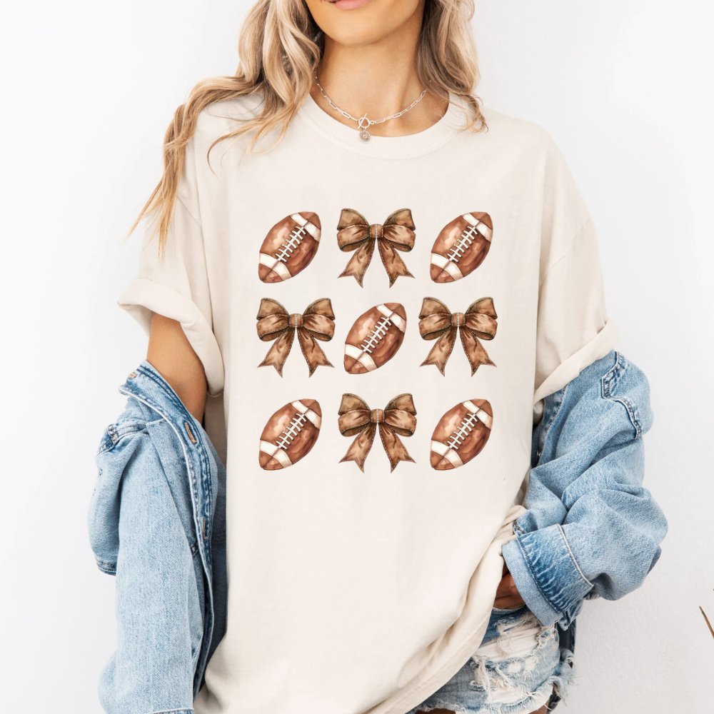 Footballs & Bows Pattern Shirt Coquette Tee (4 colors) T-Shirt