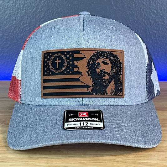 God and Country Jesus American Flag Christian Leather Patch SnapBack Trucker Hat Stars & Stripes Patch Hat