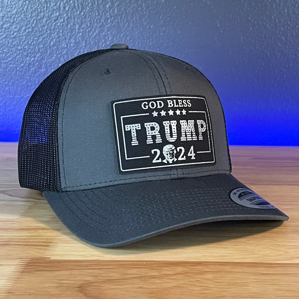 GOD BLESS TRUMP 2024 SnapBack Trucker Leather Blk/Silver Rectangular Patch Charcoal Hat Patch Hat