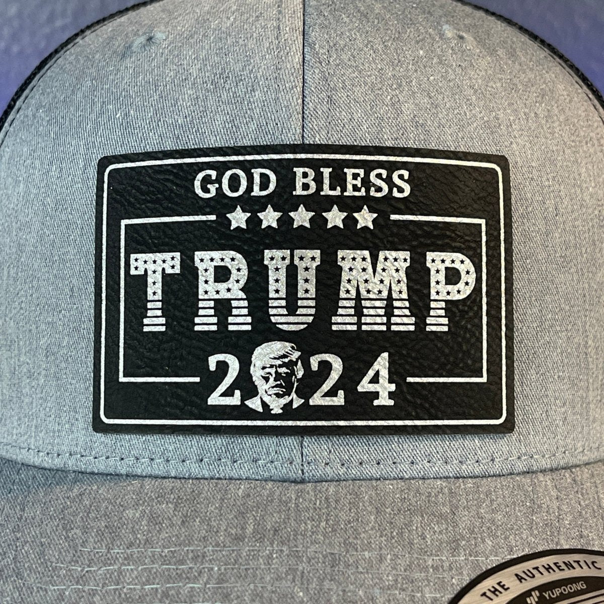 GOD BLESS TRUMP 2024 SnapBack Trucker Leather Blk/Silver Rectangular Patch Hat Patch Hat