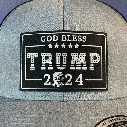 GOD BLESS TRUMP 2024 SnapBack Trucker Leather Blk/Silver Rectangular Patch Hat Patch Hat