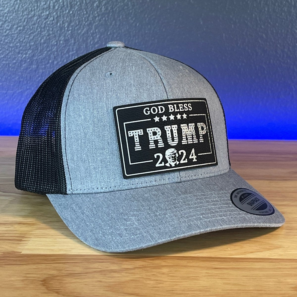 GOD BLESS TRUMP 2024 SnapBack Trucker Leather Blk/Silver Rectangular Patch Hat Patch Hat