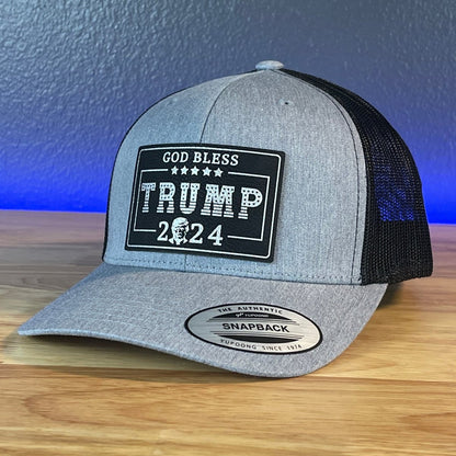 GOD BLESS TRUMP 2024 SnapBack Trucker Leather Blk/Silver Rectangular Patch Hat Patch Hat