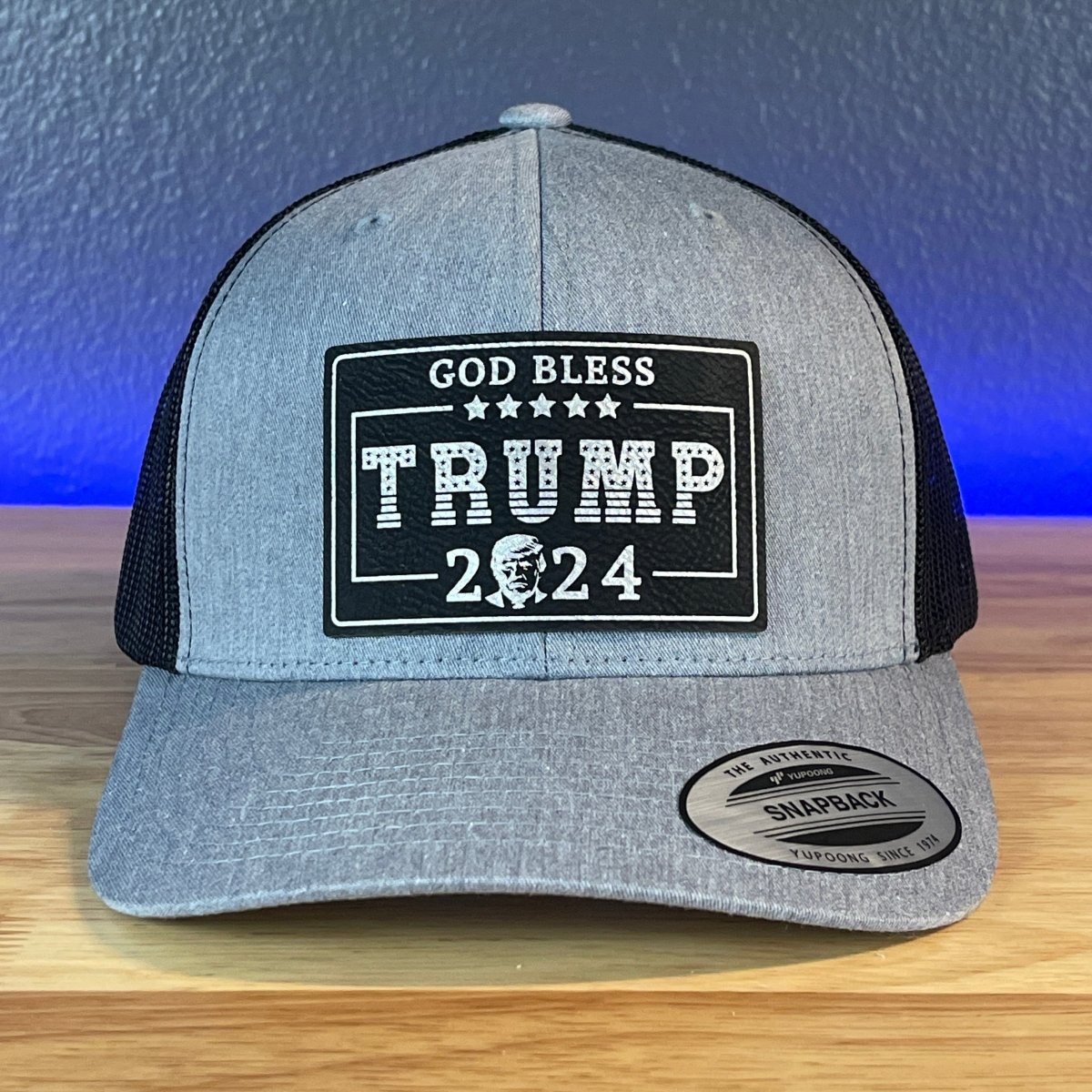 GOD BLESS TRUMP 2024 SnapBack Trucker Leather Blk/Silver Rectangular Patch Hat Patch Hat