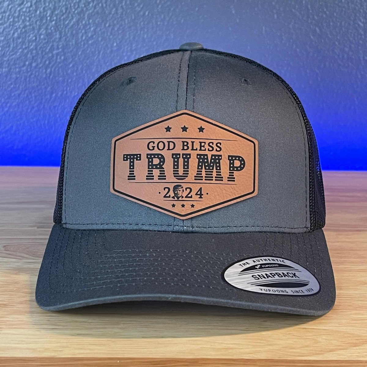 GOD BLESS TRUMP 2024 SnapBack Trucker Rawhide Leather Patch Charcoal Hat Patch Hat