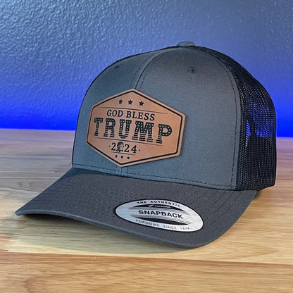 GOD BLESS TRUMP 2024 SnapBack Trucker Rawhide Leather Patch Charcoal Hat Patch Hat