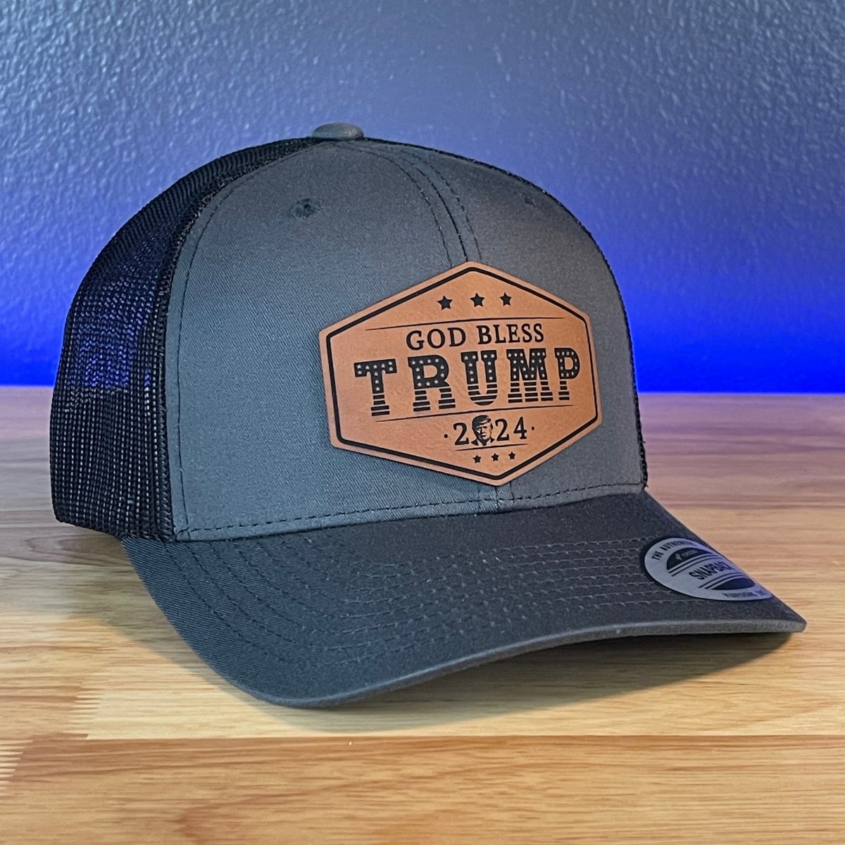 GOD BLESS TRUMP 2024 SnapBack Trucker Rawhide Leather Patch Charcoal Hat Patch Hat