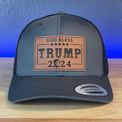 GOD BLESS TRUMP 2024 SnapBack Trucker Rectangular Rawhide Leather Patch Charcoal Hat Patch Hat