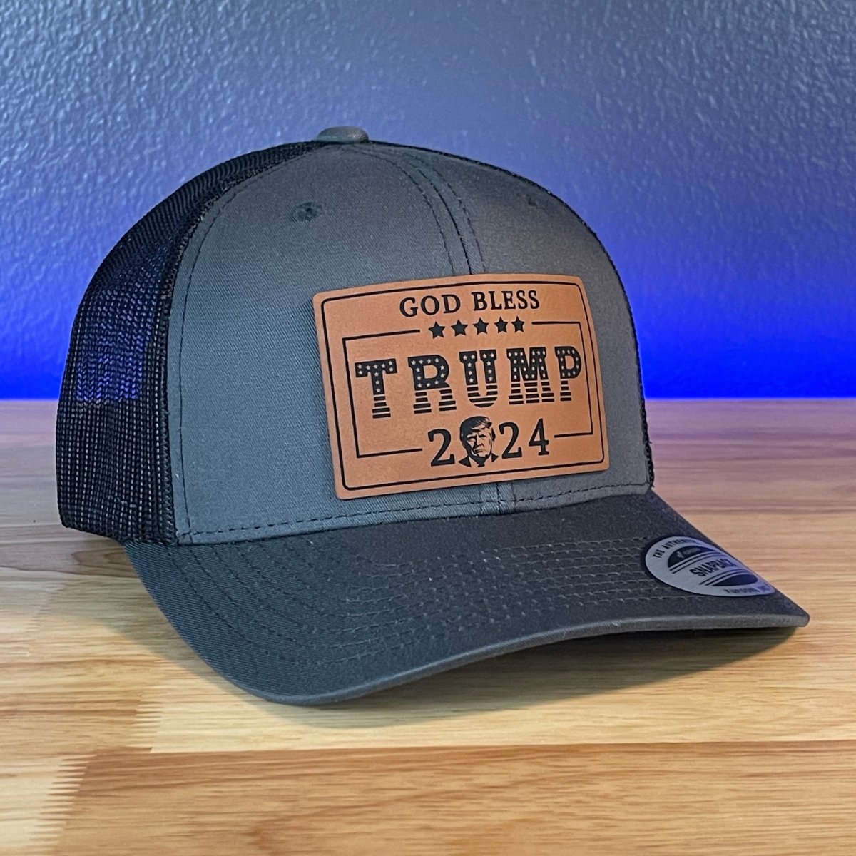 GOD BLESS TRUMP 2024 SnapBack Trucker Rectangular Rawhide Leather Patch Charcoal Hat Patch Hat