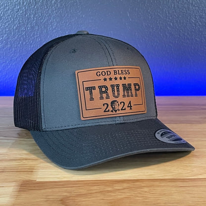 GOD BLESS TRUMP 2024 SnapBack Trucker Rectangular Rawhide Leather Patch Charcoal Hat Patch Hat