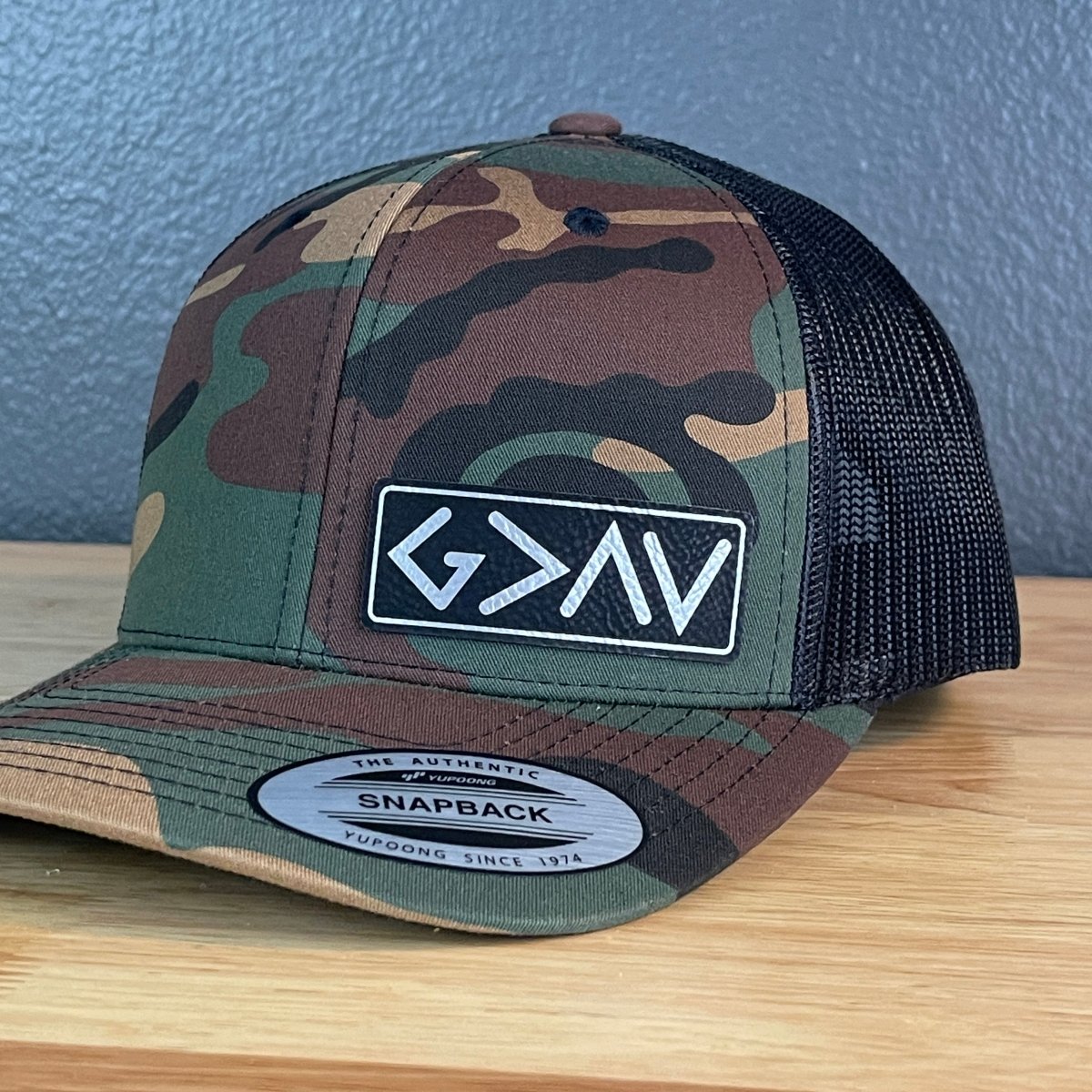 God Is Greater Than The Highs And Lows Christian SnapBack Leather Patch Hat Blk/Silv Side Patch Hat